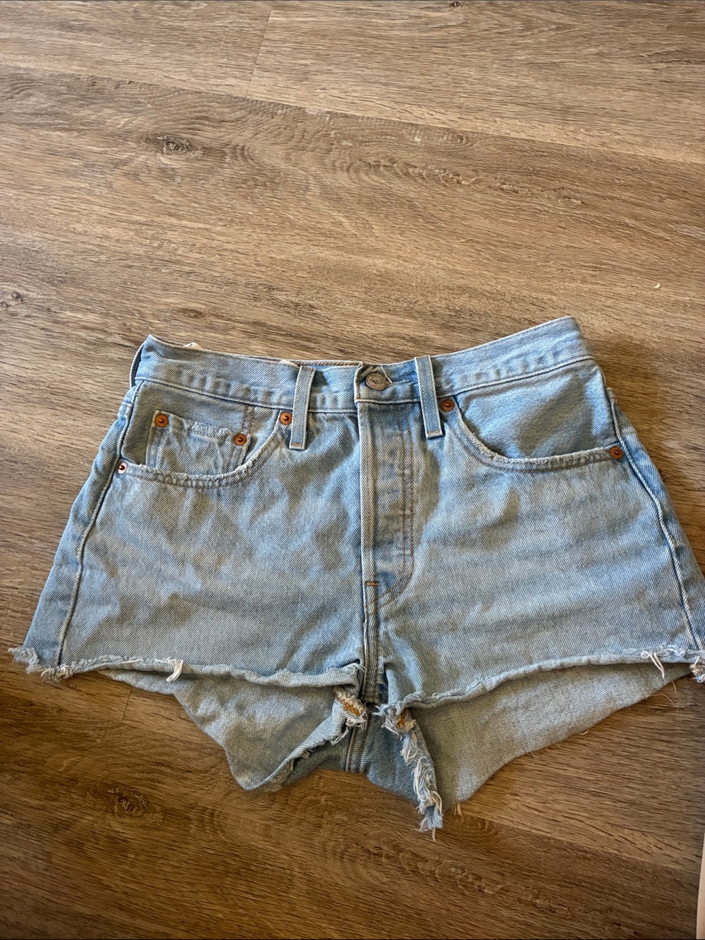Levi's Light Blue High-Rise Frayed Denim Shorts
